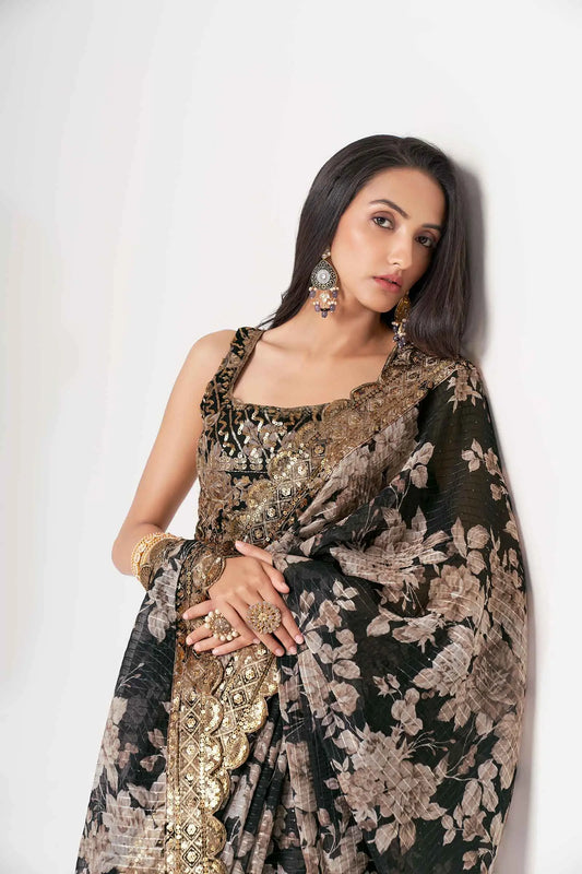 Black Floral Print Organza Saree With Sequins Work