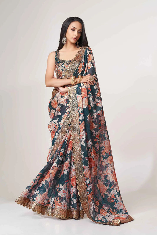 Dove Blue Floral Print Organza Saree With Sequins Work