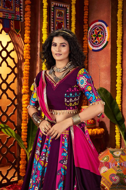 Purple Digital Print With Thread And Mirror Work Lehenga For Navratri