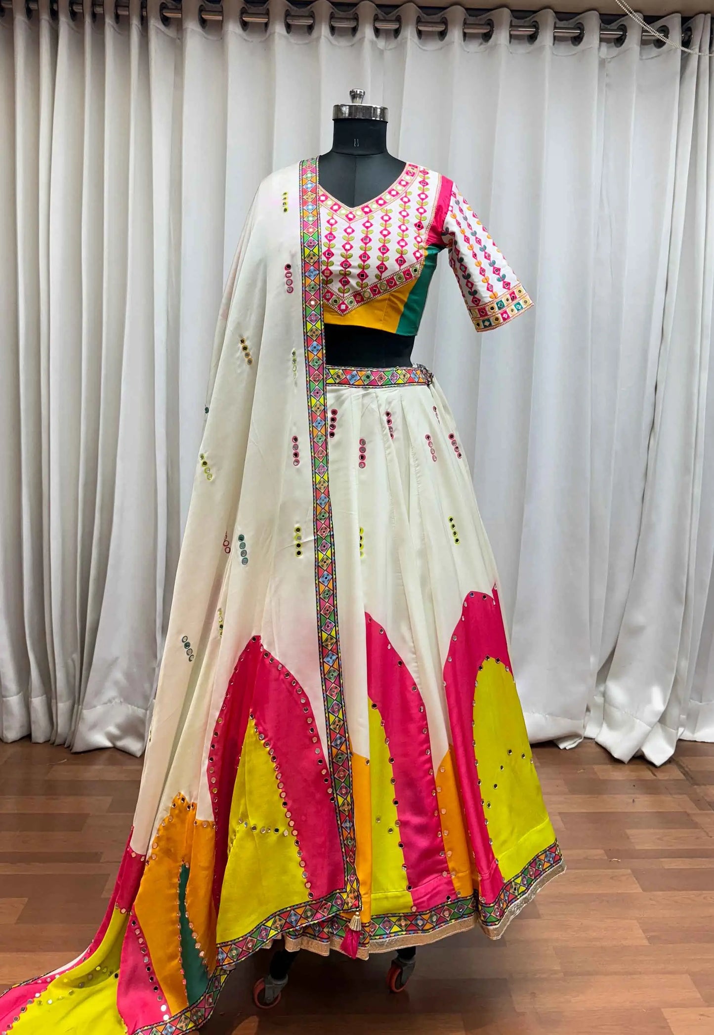 White Gajji Silk Digital Print Lehenga With Thread And Mirror Work Choli