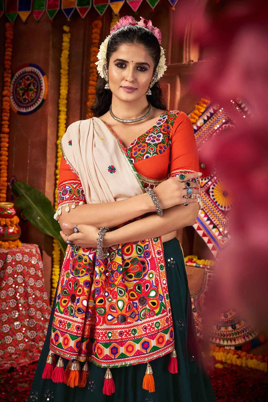 Designer Teal Blue Thread And Mirror Kodi Work Navratri Lehenga Choli