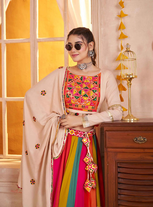 Beige With Multi Color Thread Mirror Work Lehenga Choli For Navratri