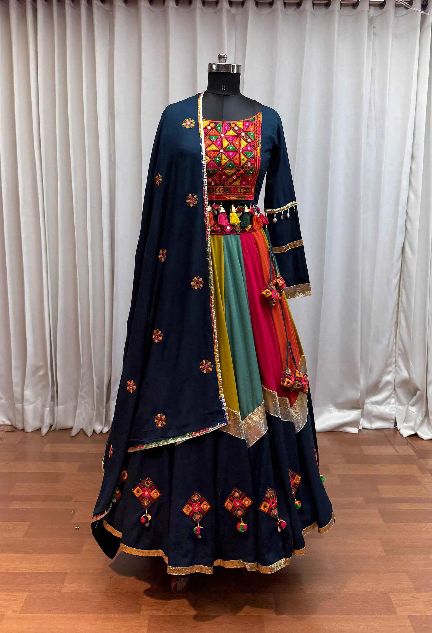 Teal Blue With Multi Color Thread Mirror Work Lehenga Choli For Navratri