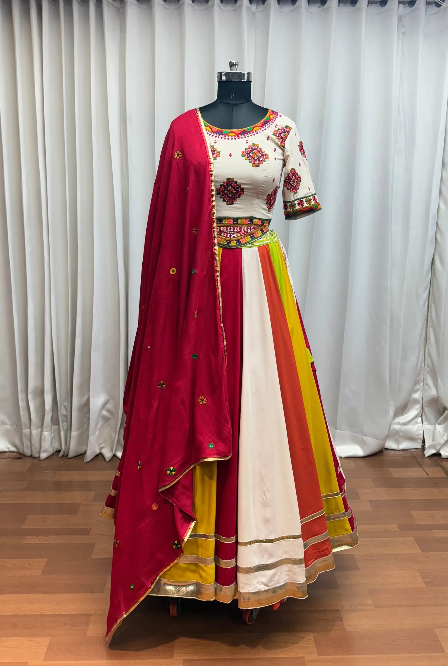 White With Multi Color Navratri Lehenga With Thread And Mirror Work Choli