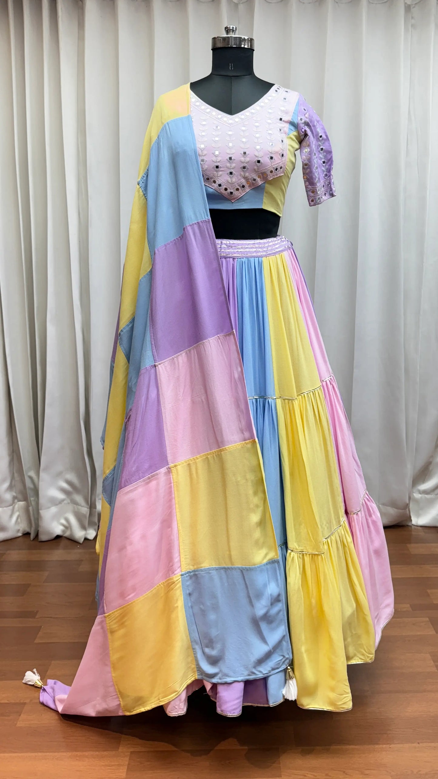Light Multi Color Lehenga Choli With Kutchi Patch & Mirror Work For Navratri