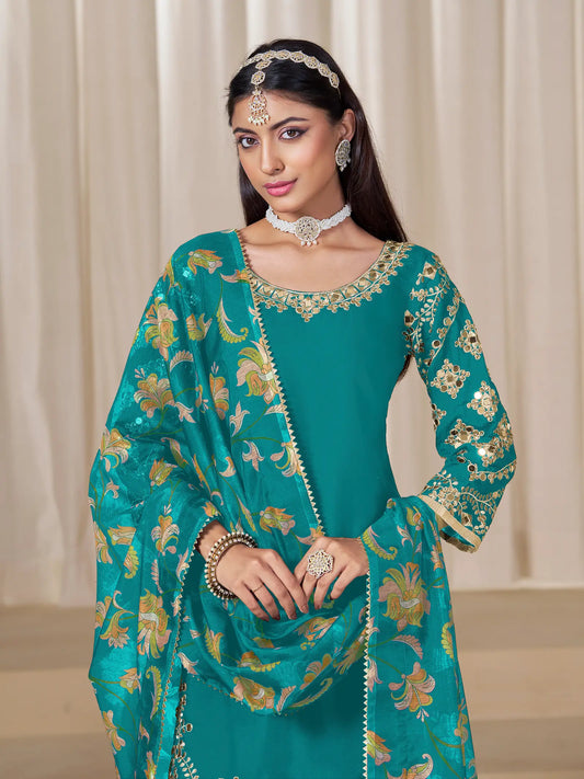 Teal Blue Roman Silk Embroidery Work Salwar Suit