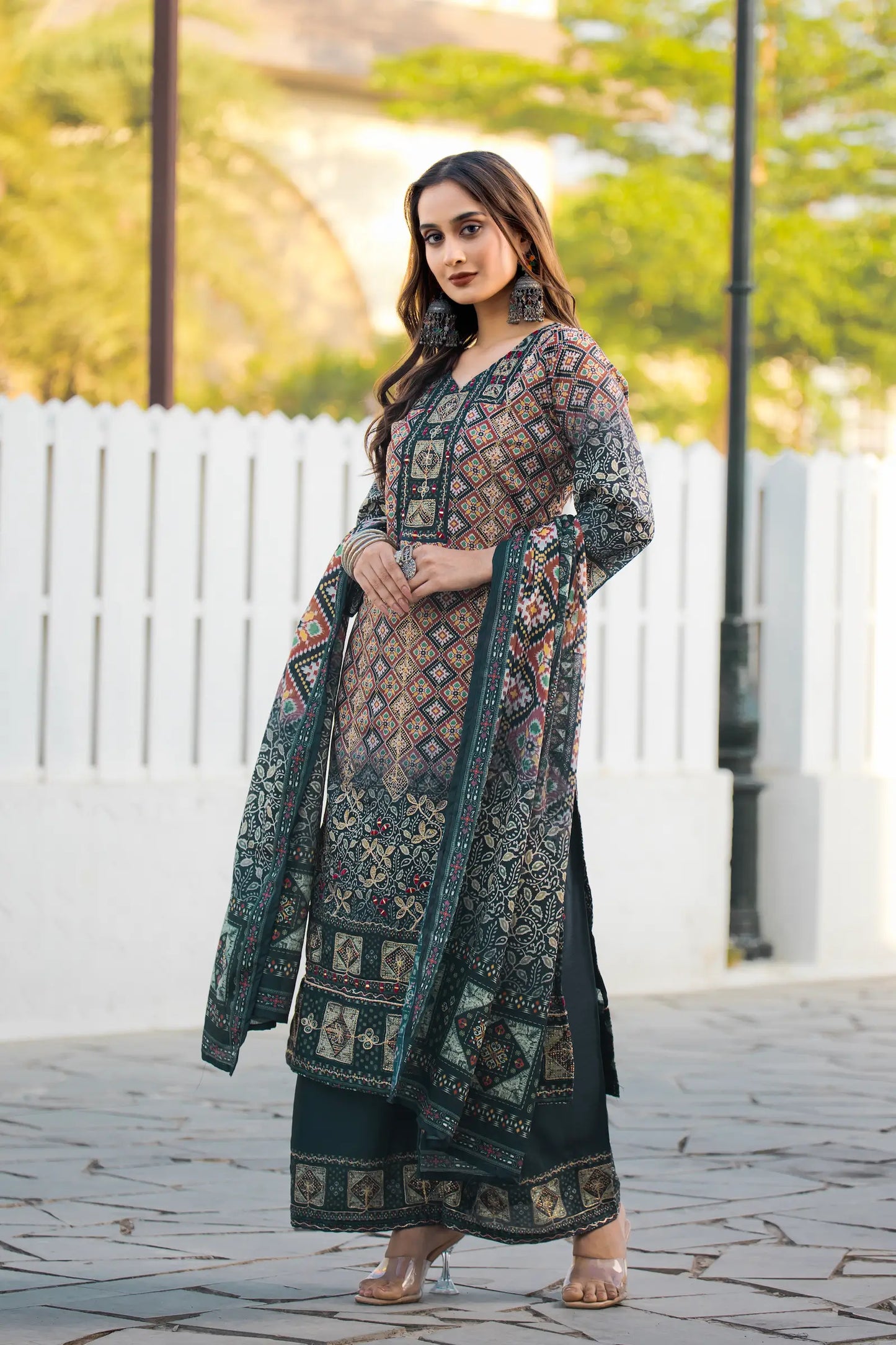 Dark Green Chinon Handwork & Printed Salwar Suit