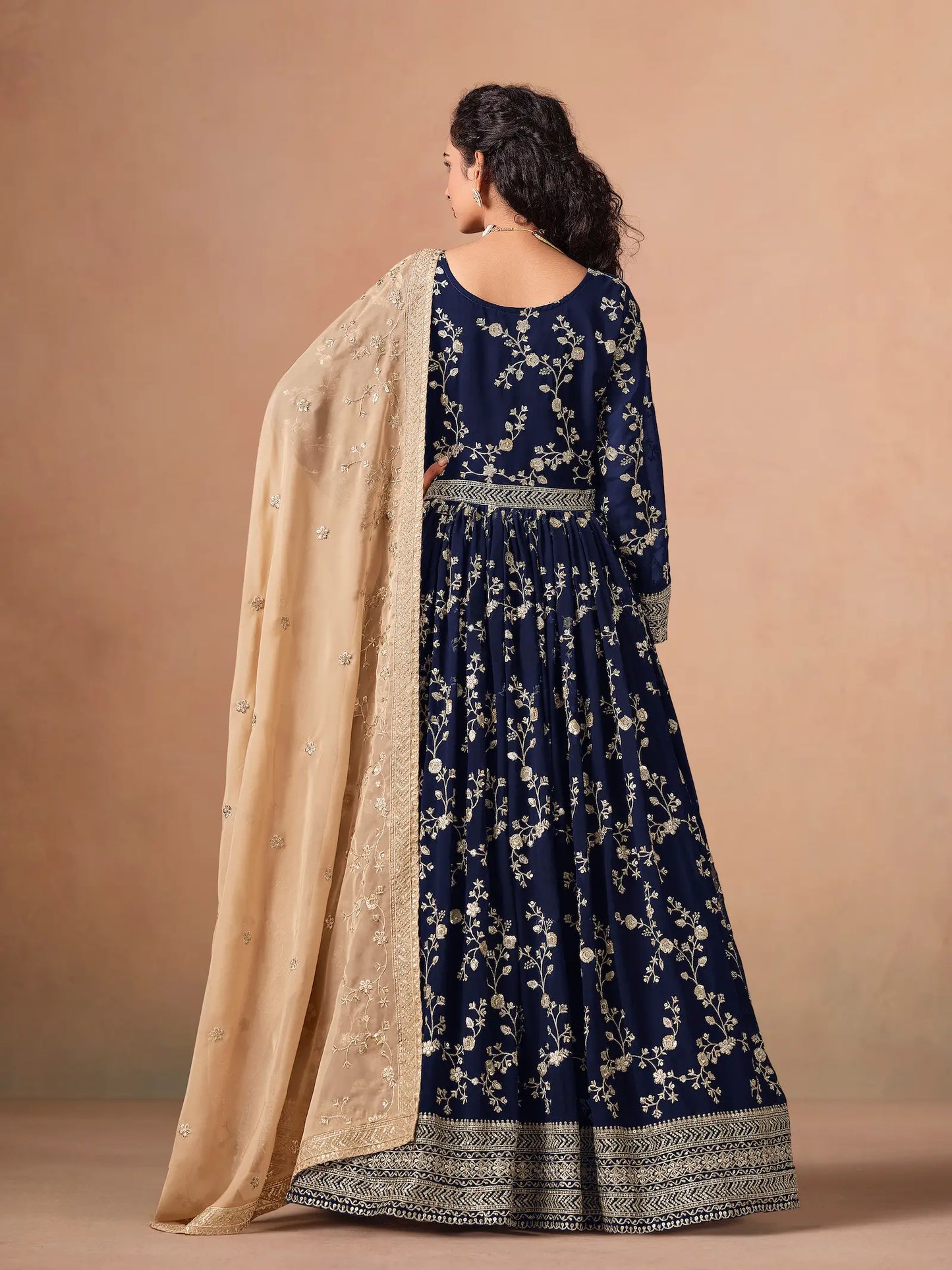 Navy Blue Georgette Embroidery Gown With Organza Dupatta