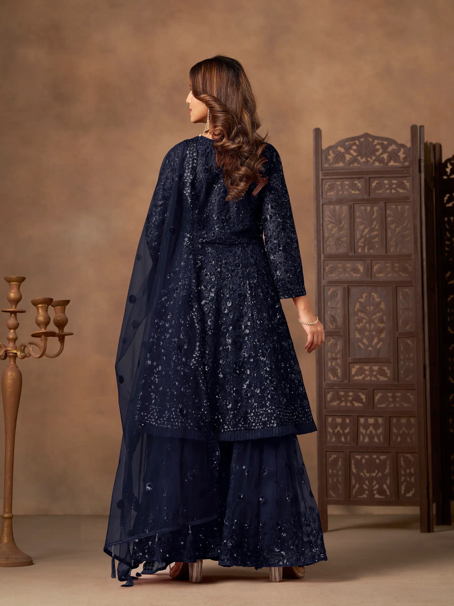 Navy Blue Net Embroidery Work Sharara Set