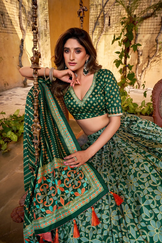 Deep Green Tasar Silk Lehenga Choli With Saprkle Details