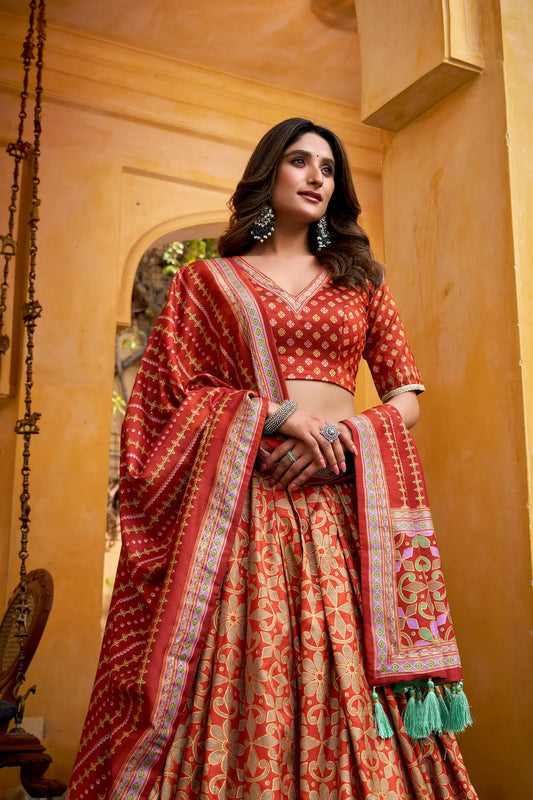 Rust Orange Tasar Silk Lehenga Choli With Saprkle Details