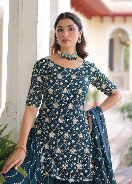 Dark Teal Georgette Embroidery Sharara Suit