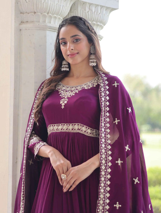 Magenta Sequins Embroidery Work Gown