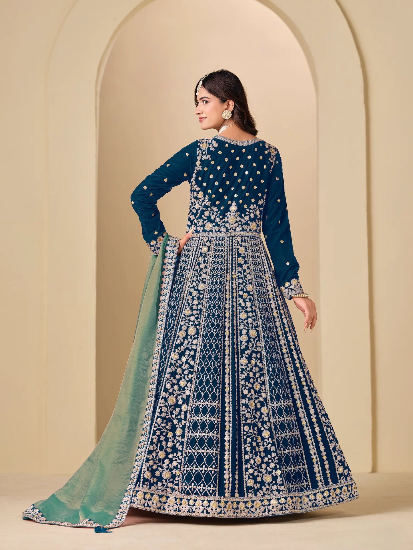 Teal Blue Velvet Heavy Embroidered Gown