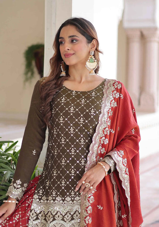 Green Red Silk Embroidery Sharara Suit
