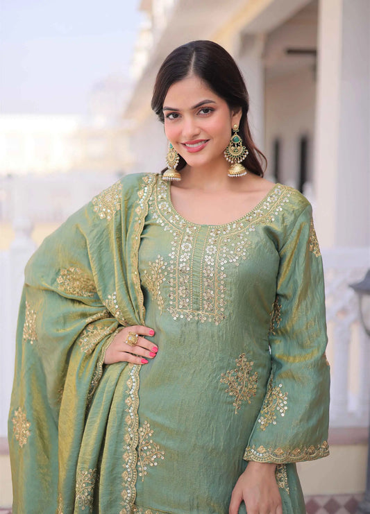 Sage Green Zari Embroidery Sharara Suit