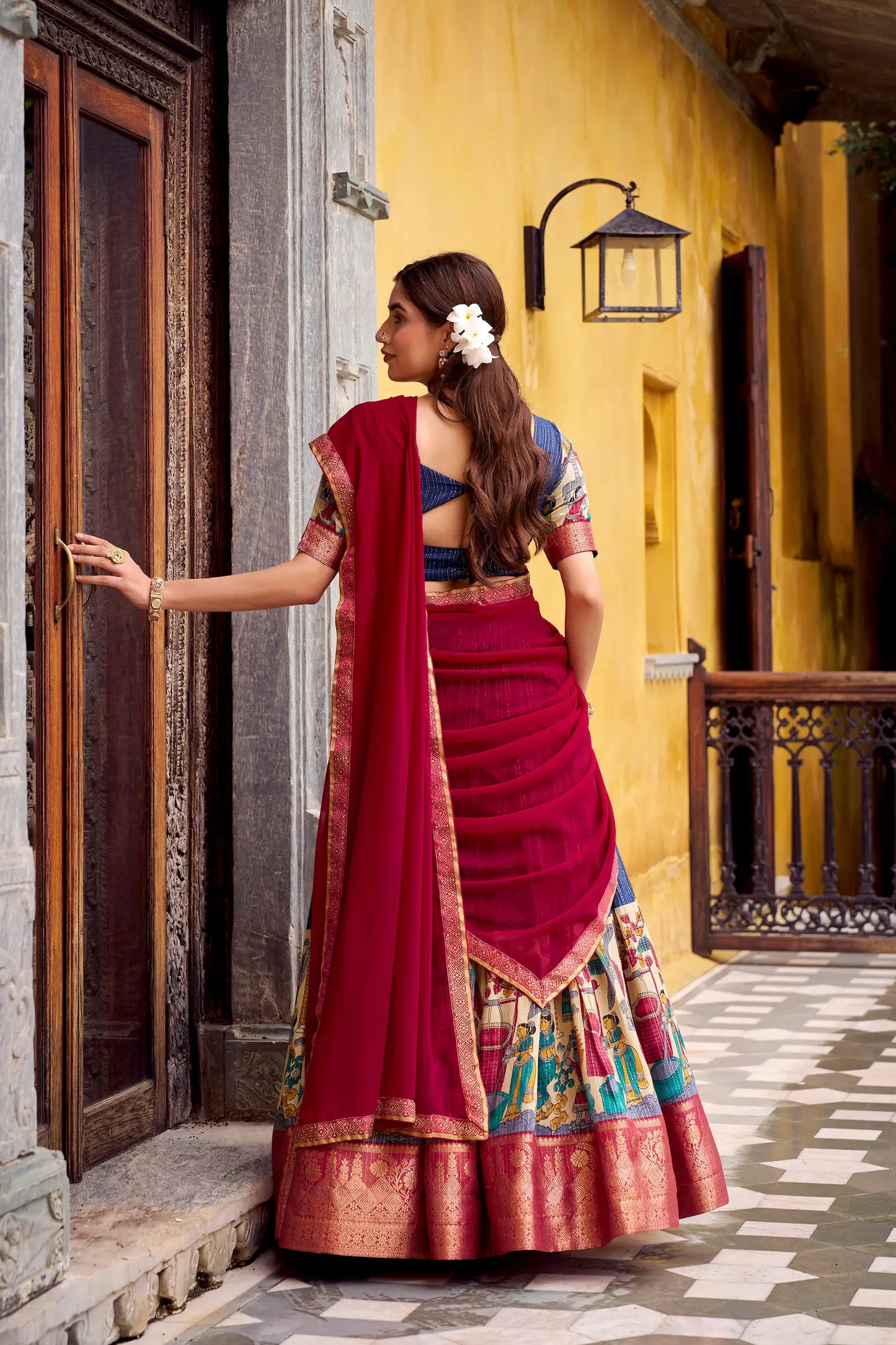 Navy Blue Chanderi Lehenga Choli With Kalamkari Print & Zari Weaving Work