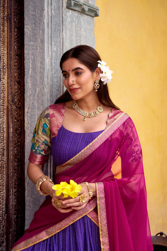 Purple Chanderi Lehenga Choli With Kalamkari Print & Zari Weaving Work