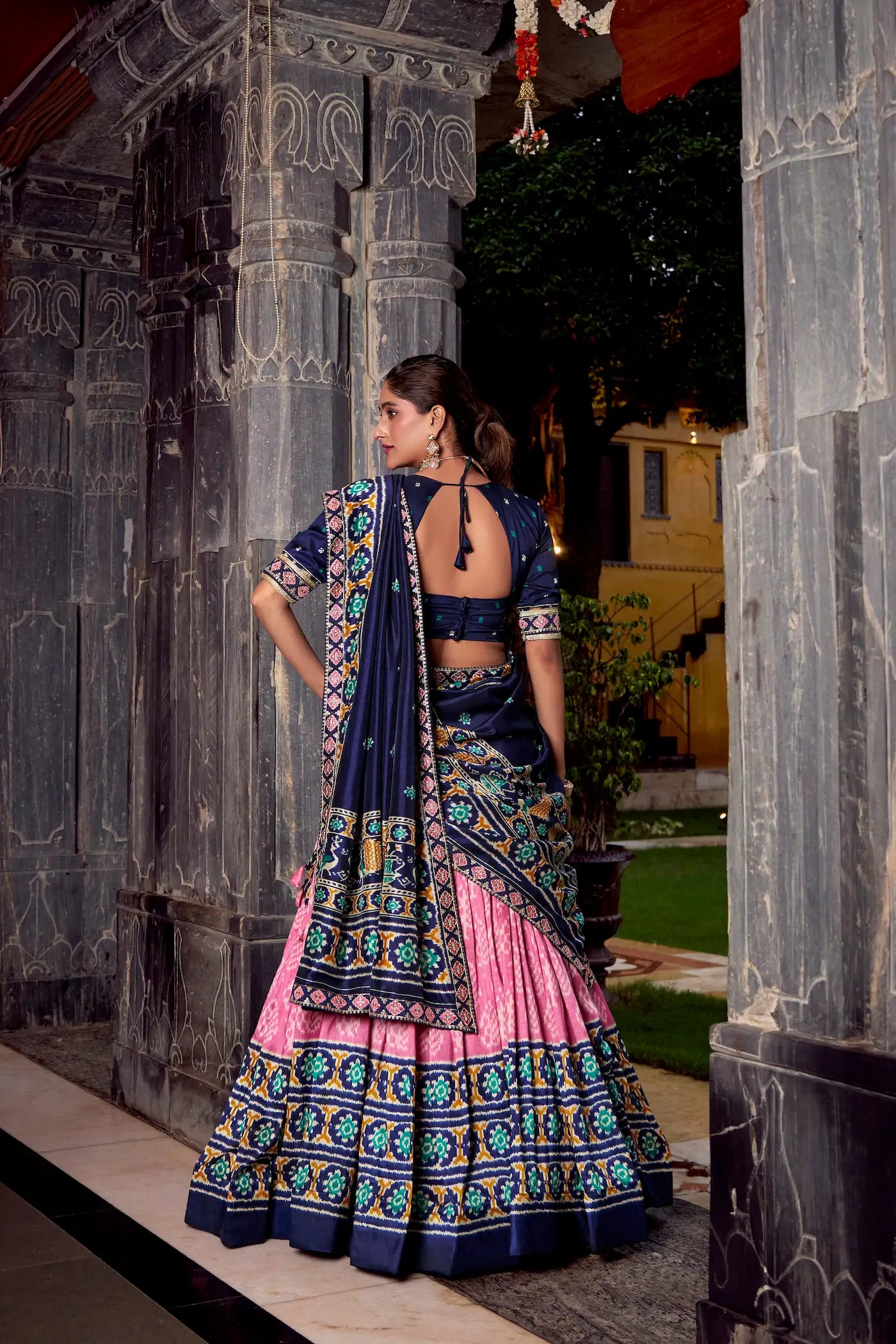 Light Pink Tussar Silk Ikkat Printed Lehenga Choli