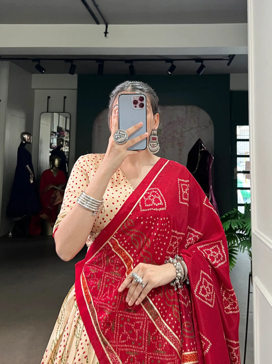 Beige Tasar Silk Lehenga Choli With Bandhej Print & Lace Touch Up