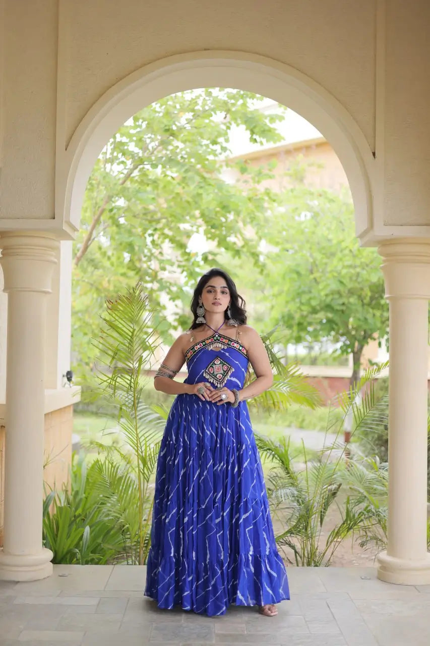 Blue Laheriya Print with kutchi patchework Gown For Navratri