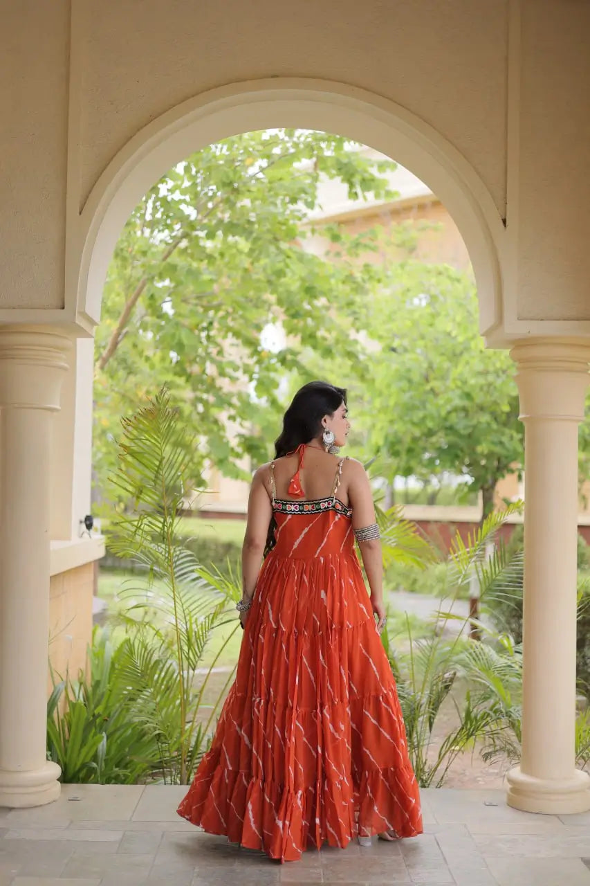 Orange Laheriya Print with kutchi patchework Gown For Navratri