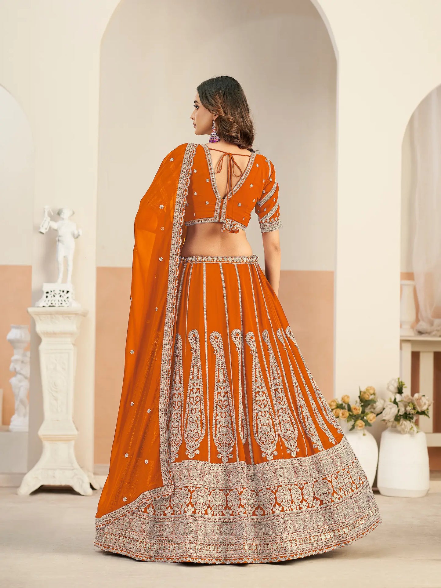 Bright Orange Georgette Embroidery Lehenga Choli