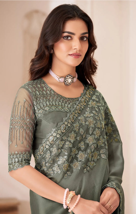 Smoky Green Satin Silk Party Wear Saree With Sequence & Thread Embroidery Work
