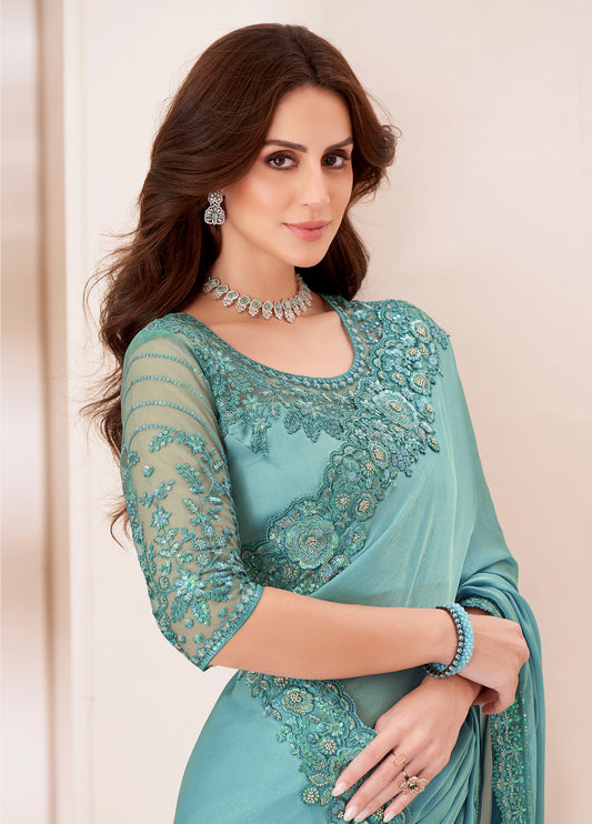 Aqua Blue Satin Georgette Party Wear Saree With Sequence & Thread Embroidery Work