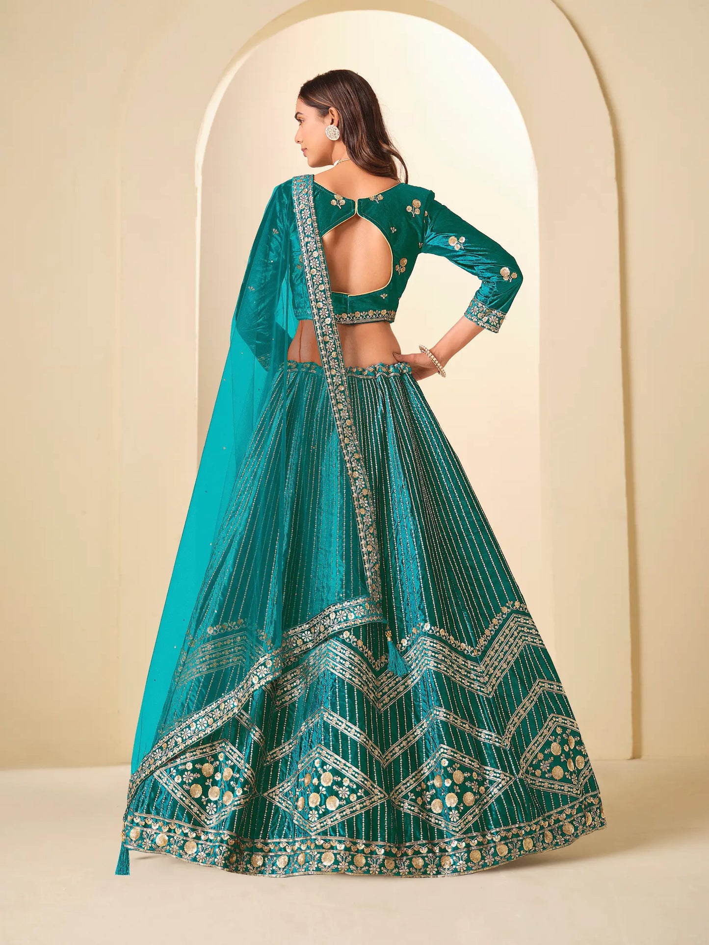 Dark Teal Velvet Lehenga Choli With Embroidery