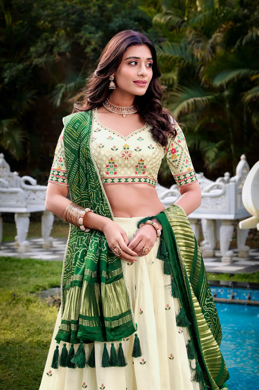 Off White Khadi Cotton Lehenga Choli With Green Gaji Silk Dupatta