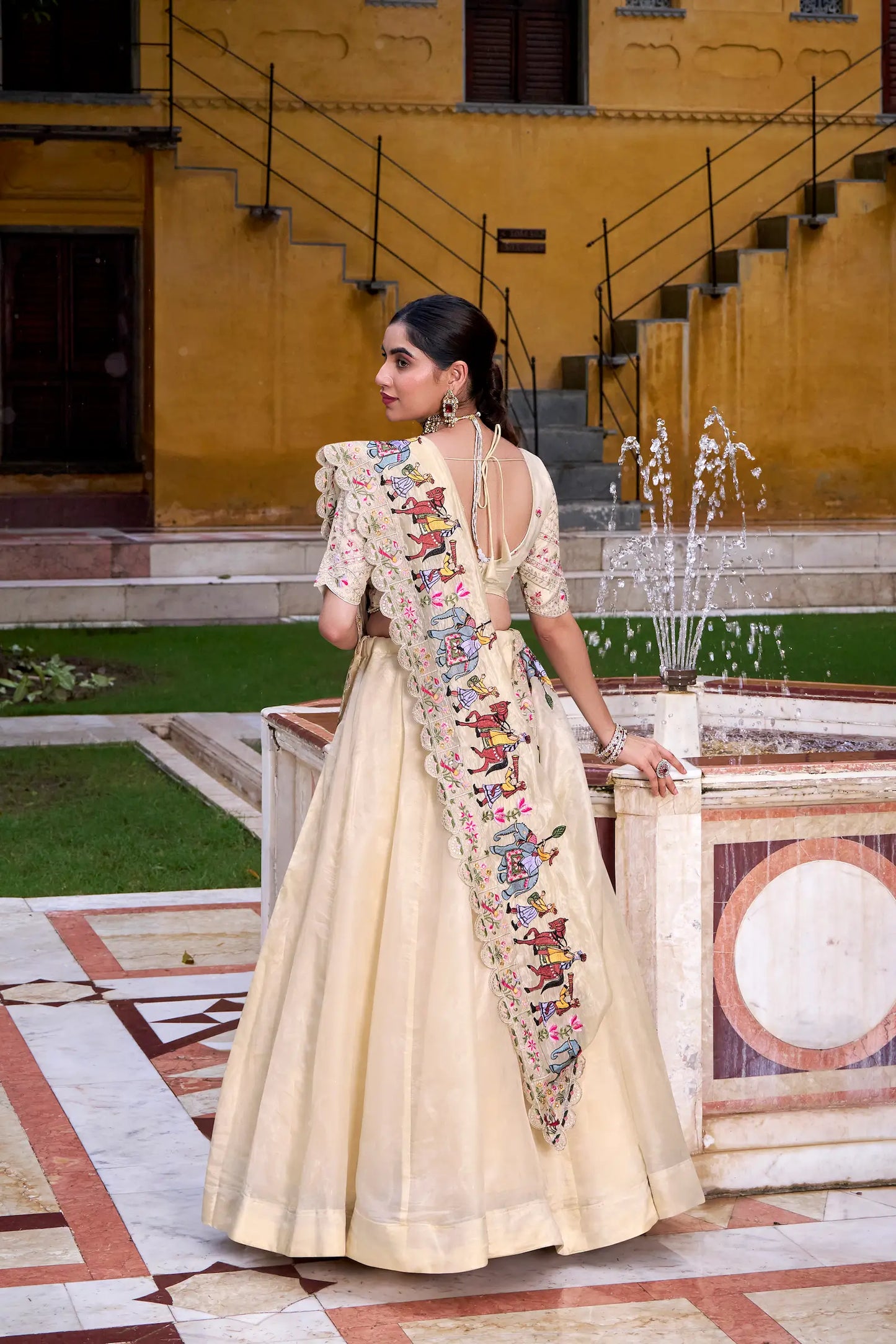 Beige Thread & Sequins Embroidery Silk Lehenga Choli