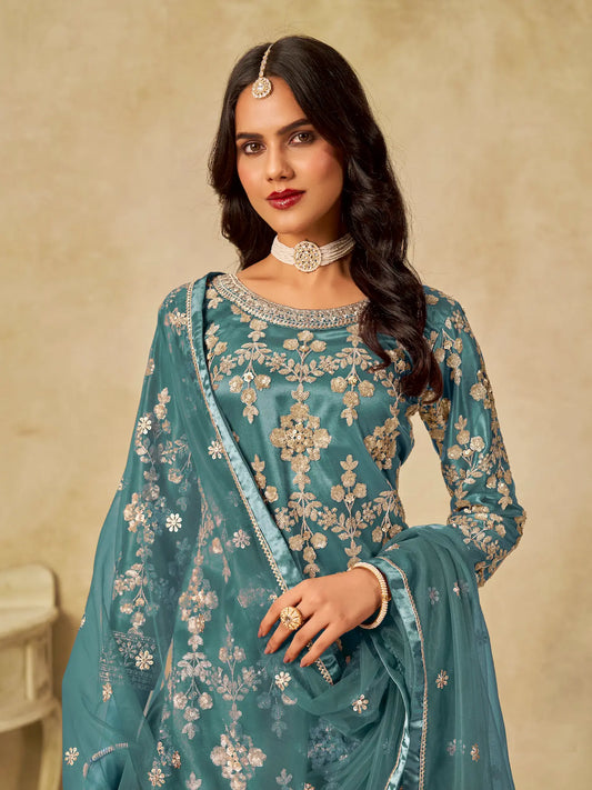 Dusty Teal Net Palazzo Suit With Sequins Embroidery