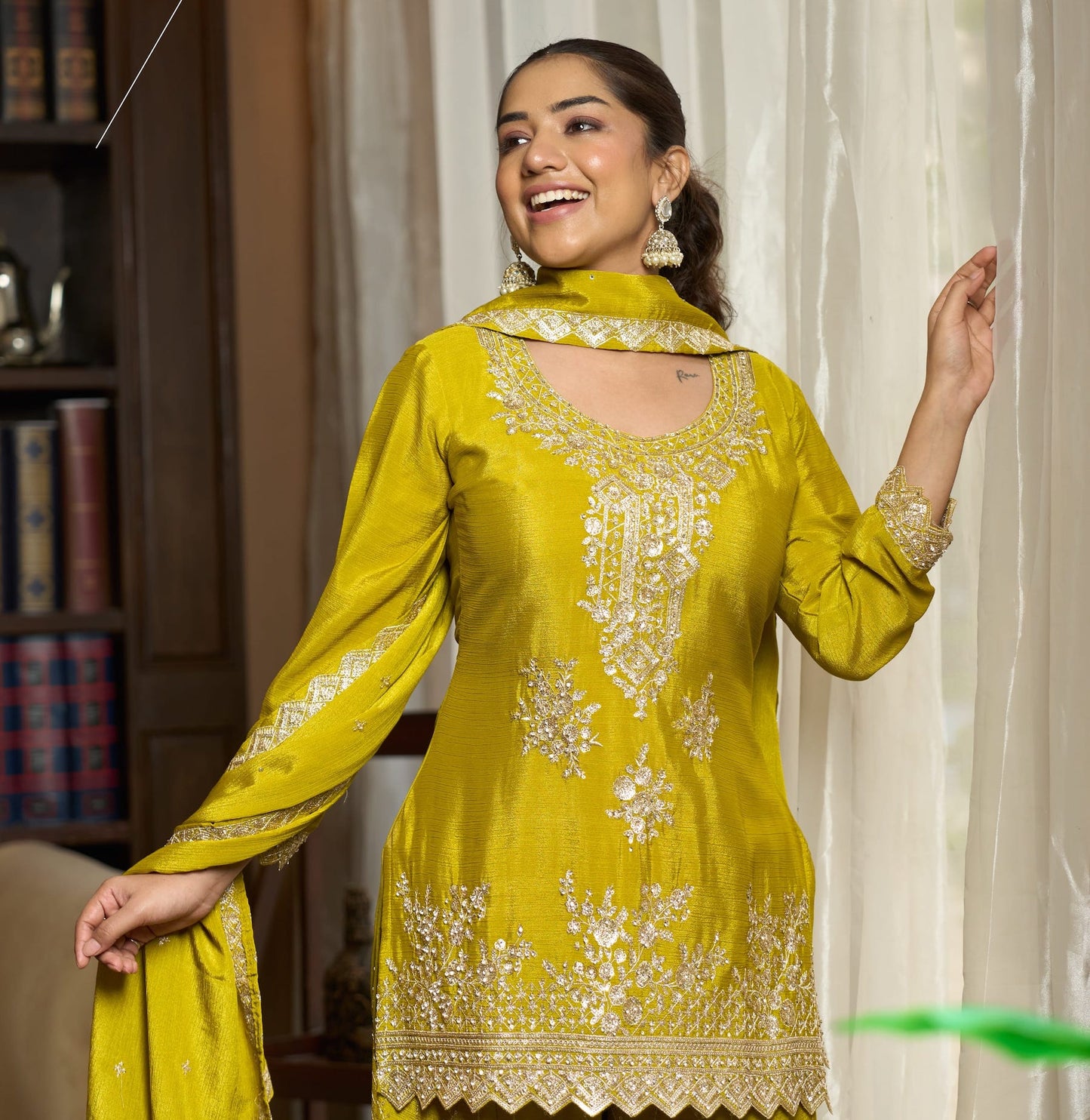 Lime Yellow Chinon Embroidery Salwar Suit