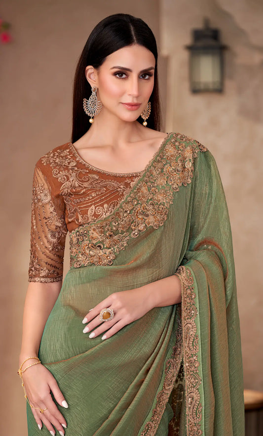 Sage Green Shine Georgette Embroidery Work Saree