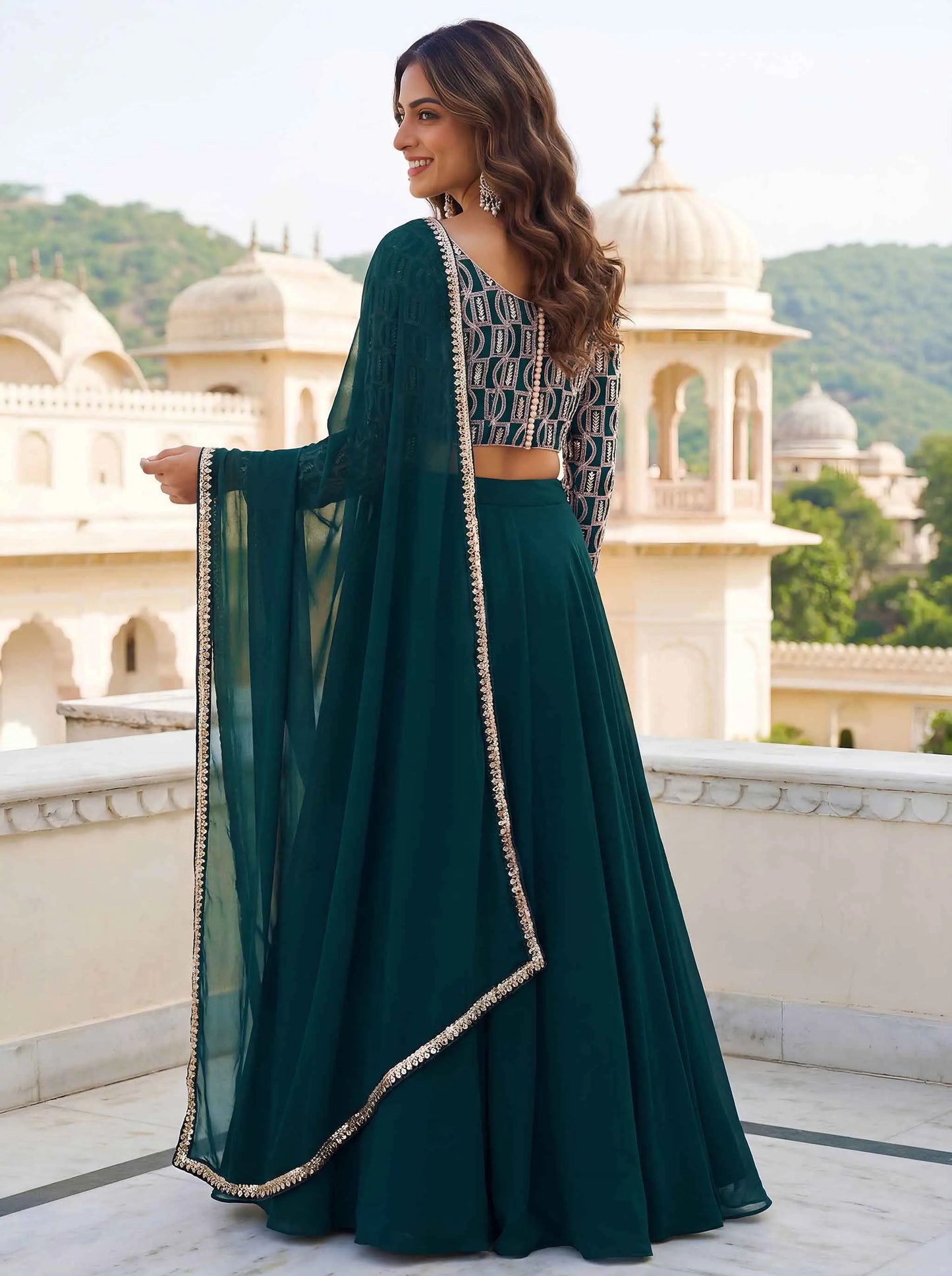 Green Georgette Lehenga with Embroidery