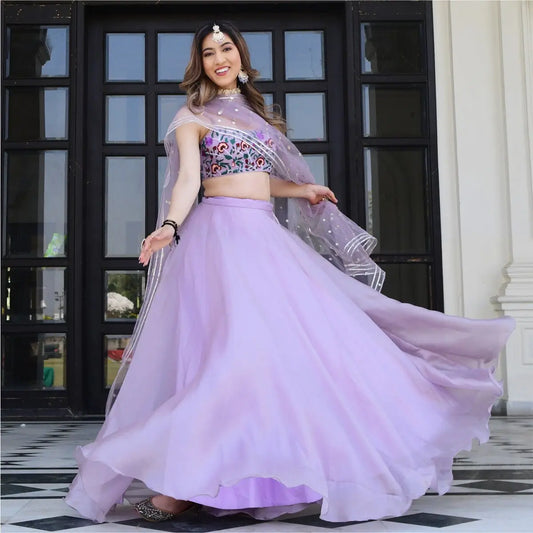 Lavender Organza Net Lehenga With Gota Patti Work With Resham Sequins Embroidery Work