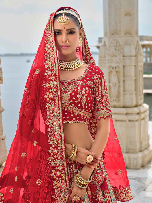 Designer Red Bridal Lehenga With Heavy Embroidery & 2 Dupatta