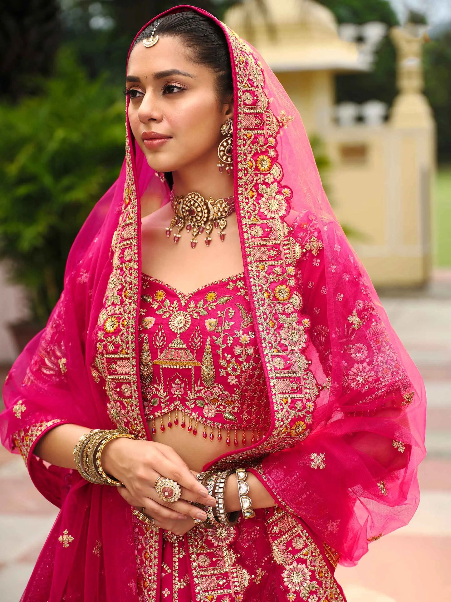 Raspberry Khatli Embroidery Bridal Lehenga With 2 Dupatta
