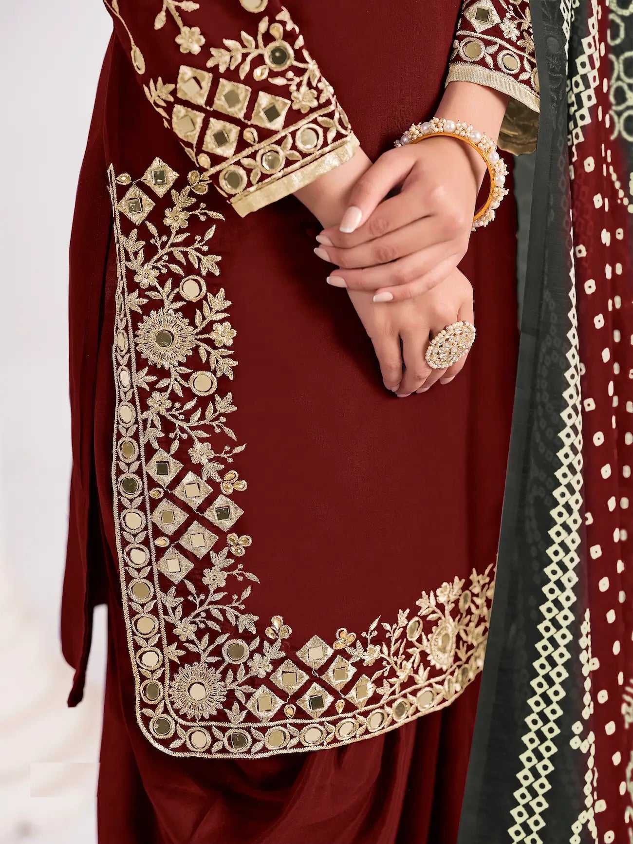 Maroon Silk Salwar Suit With Mirror Work & Embroidery