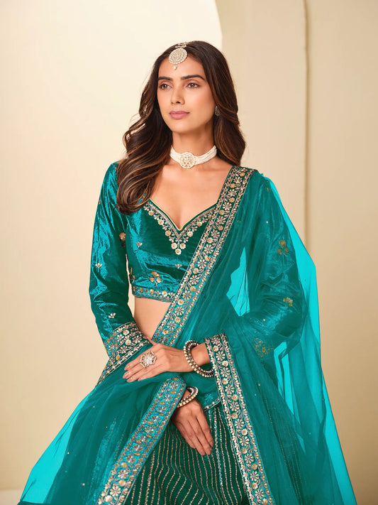 Dark Teal Velvet Lehenga Choli With Embroidery