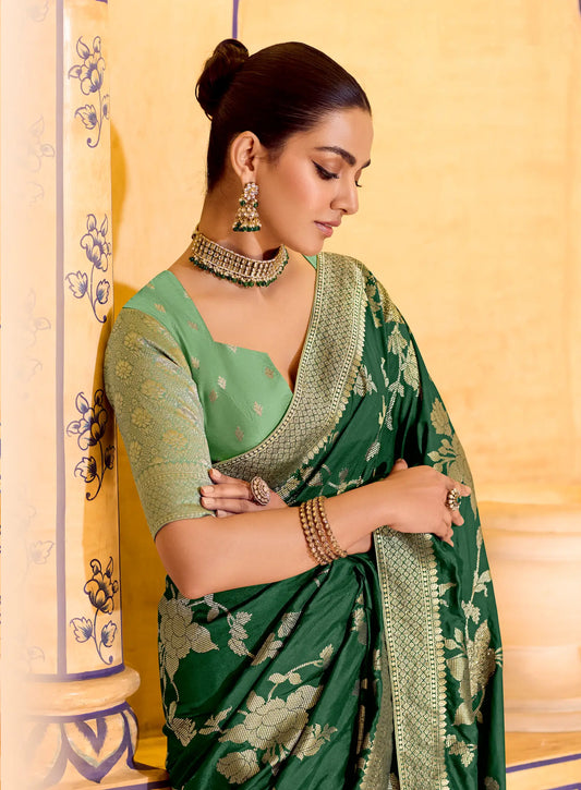 Deep Green Crepe Silk Zari Weaving Saree