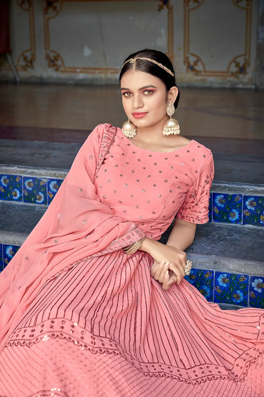 Pink-Peach Georgette Thread with Sequence Embroidery Work Lehenga Choli