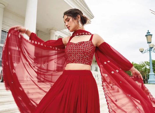 Red Georgette Thread & Sequence Embroidery Work Lehenga Choli
