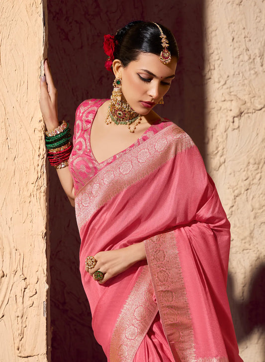 Peach Pink Georgette Zari Weaving Saree