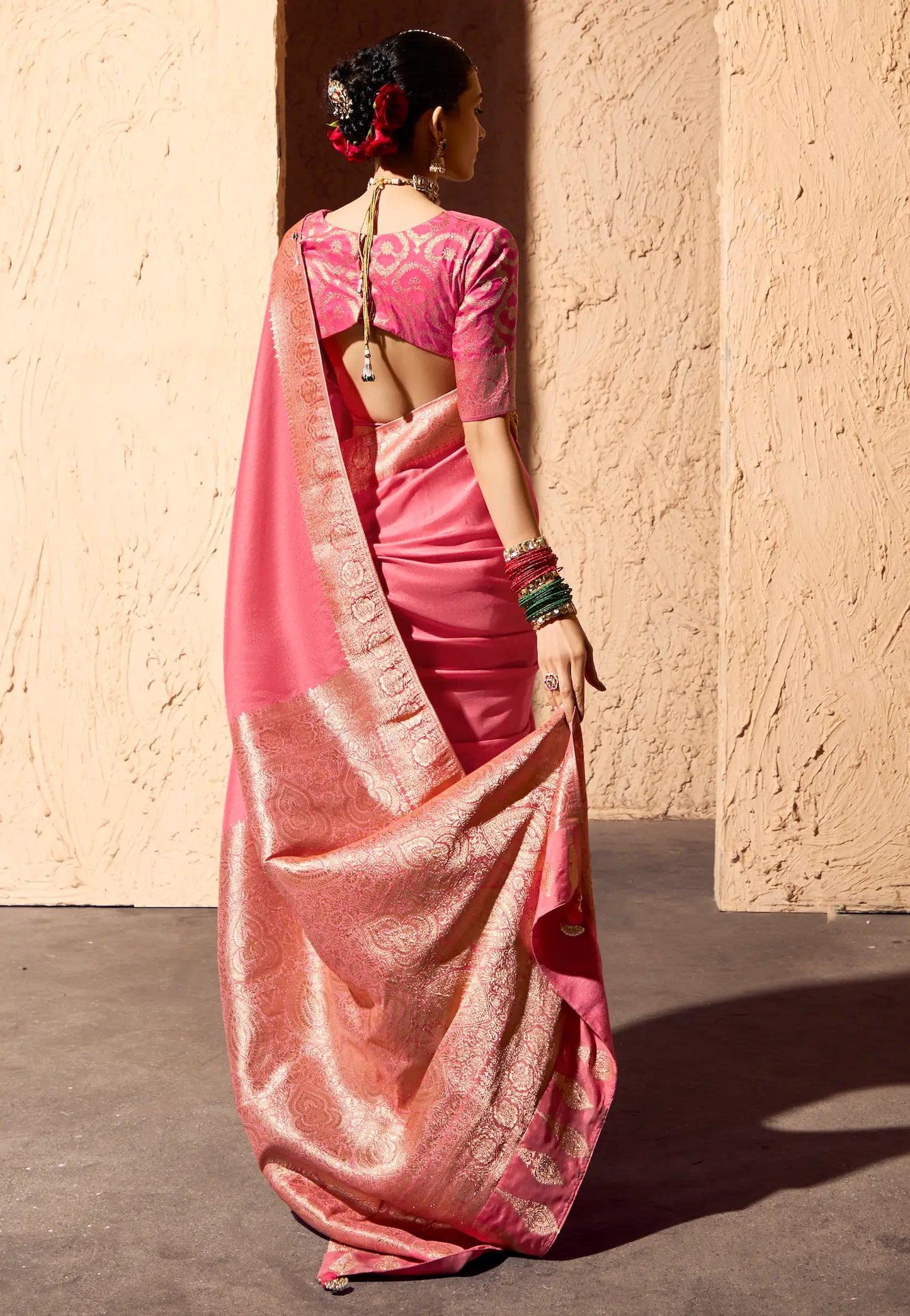 Peach Pink Georgette Zari Weaving Saree
