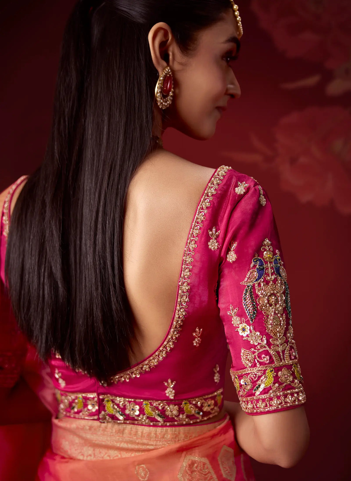 Pink-Red Silk Saree With Heavy Work Blouse