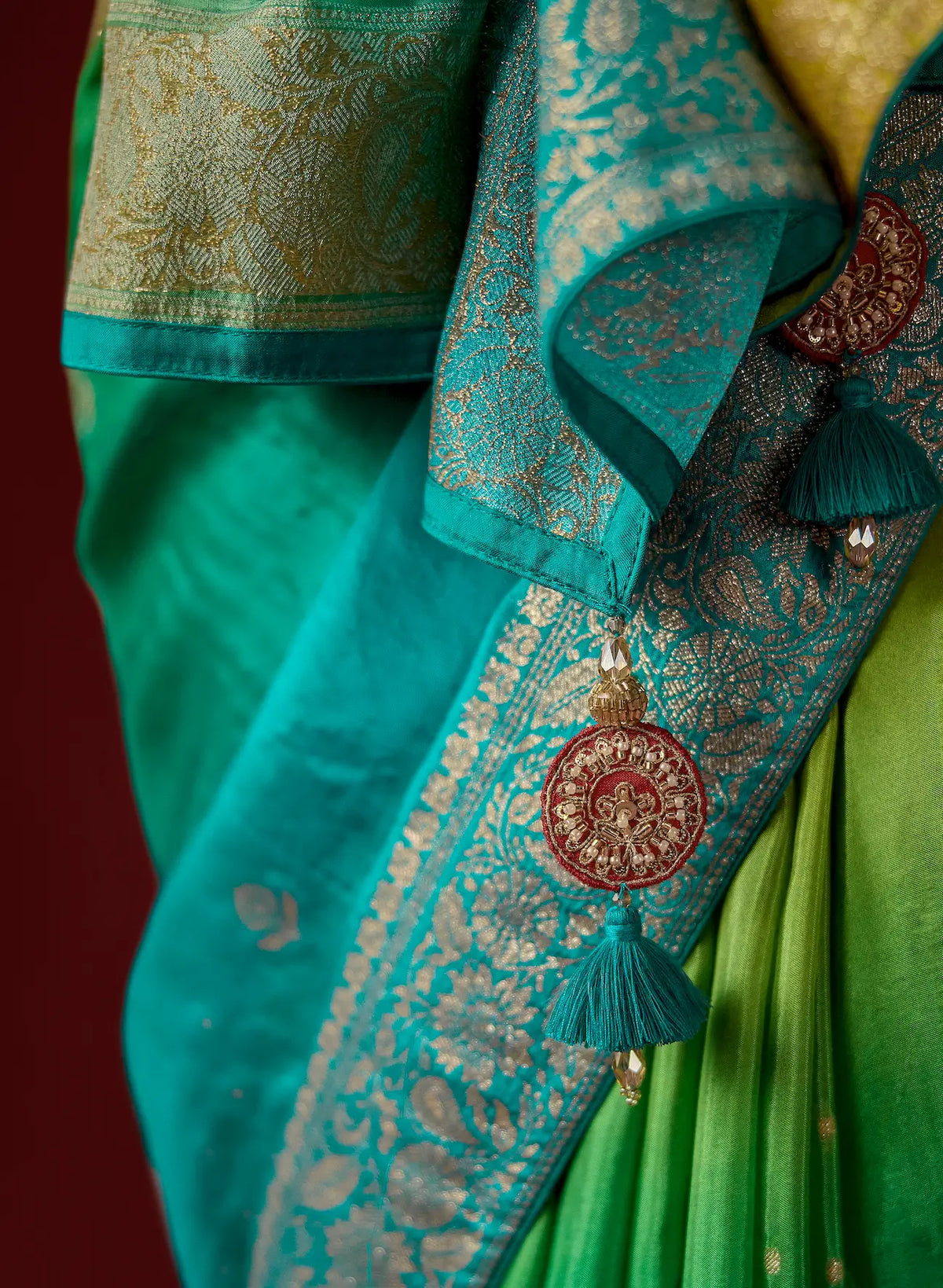 Teal-Yellow Silk Saree With Heavy Work Blouse