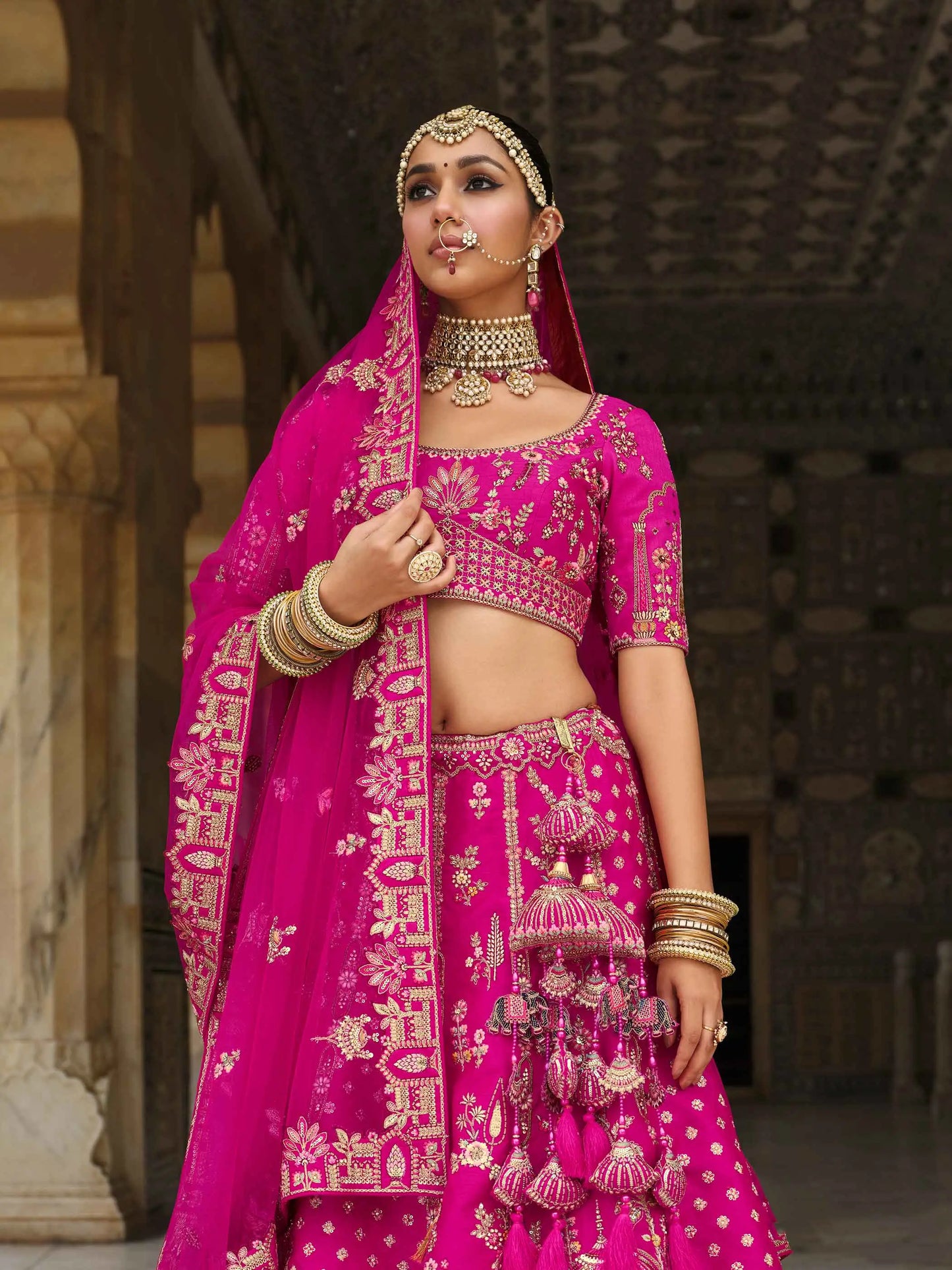 Dark Pink Bridal Lehenga Khatli Embroidery & 2 Dupatta