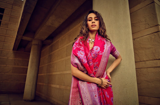 Pink Satin Brasso Handwoven Silk With Flower Weaving Saree